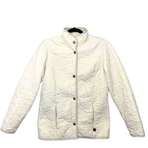 Woolrich Quilted Jacket Cream Women Sz S Fleece Lined Snap Buttons Light Coat
